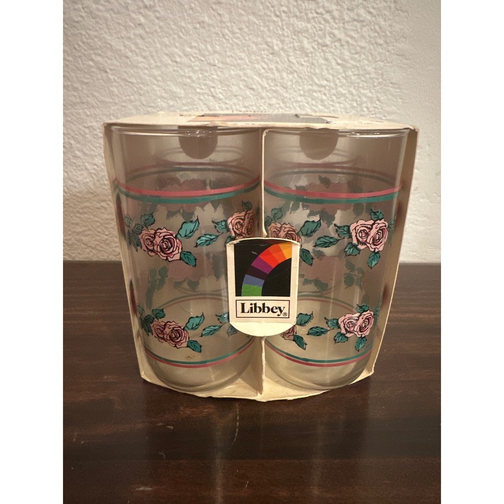 Vintage Libbey Pink Rose Floral Glass Tumbler Set 4 Piece 13oz Retro Drinkware
